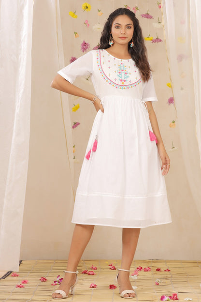 White Cotton Dobby Embroidered A-Line Dress