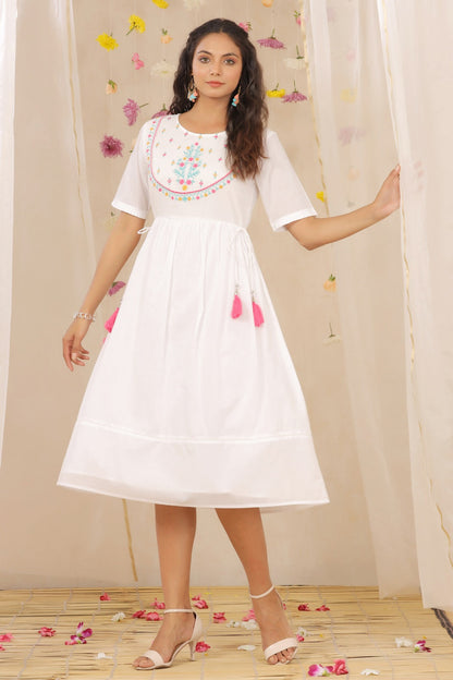 White Cotton Dobby Embroidered A-Line Dress