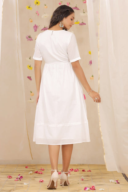 White Cotton Dobby Embroidered A-Line Dress