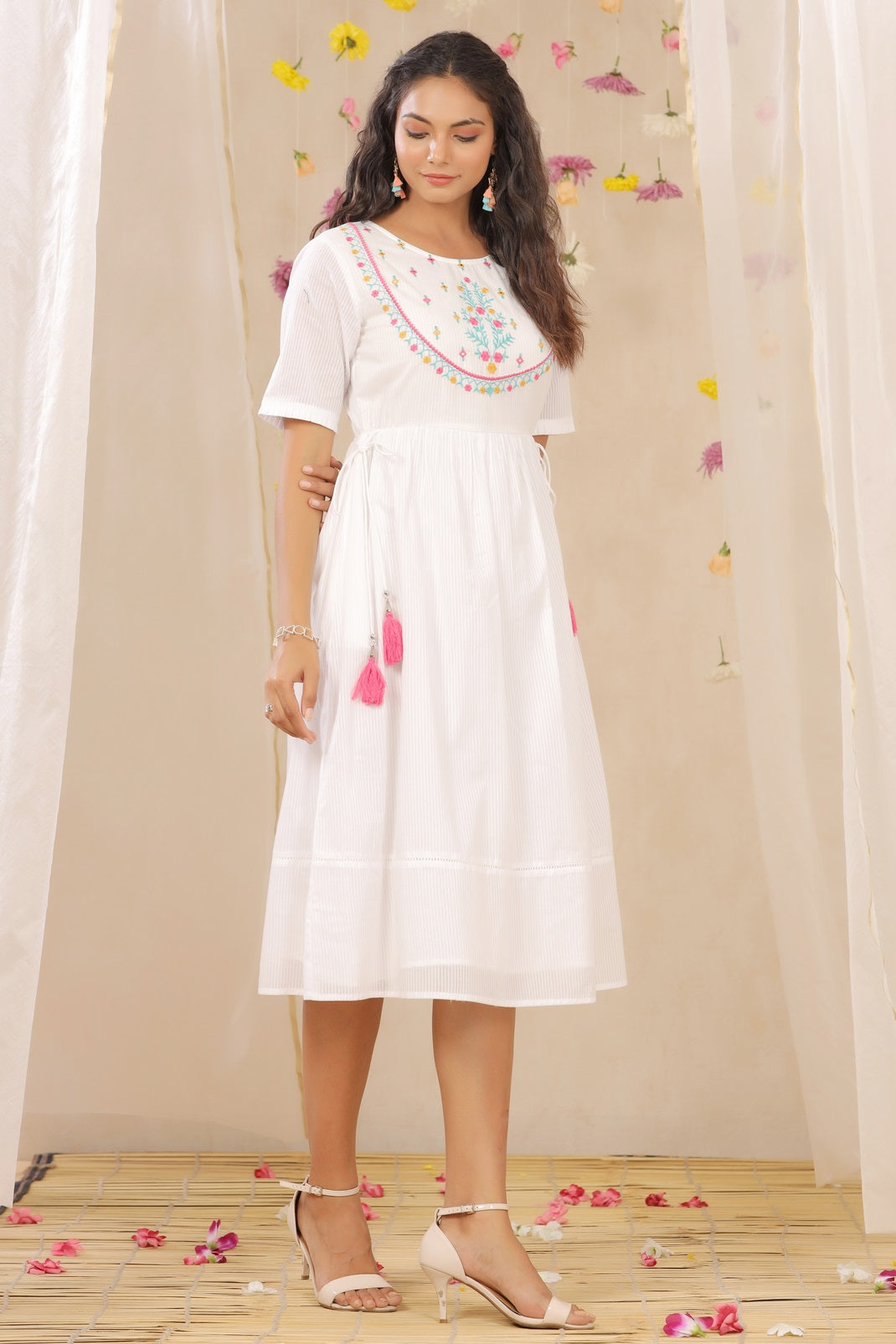 White Cotton Dobby Embroidered A-Line Dress