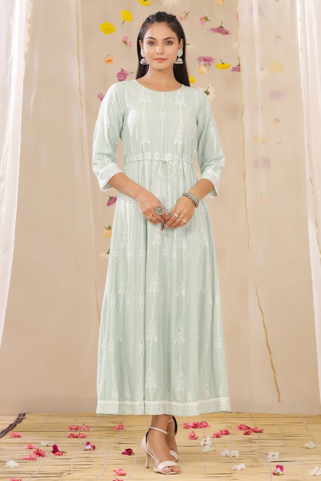 Mint Rayon Printed Anarkali Dress with Tie-up Dori