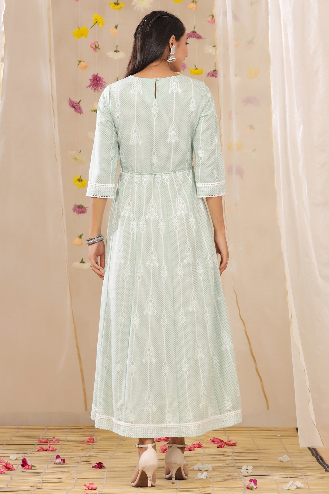 Mint Rayon Printed Anarkali Dress with Tie-up Dori