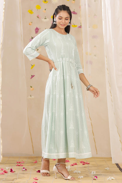 Mint Rayon Printed Anarkali Dress with Tie-up Dori