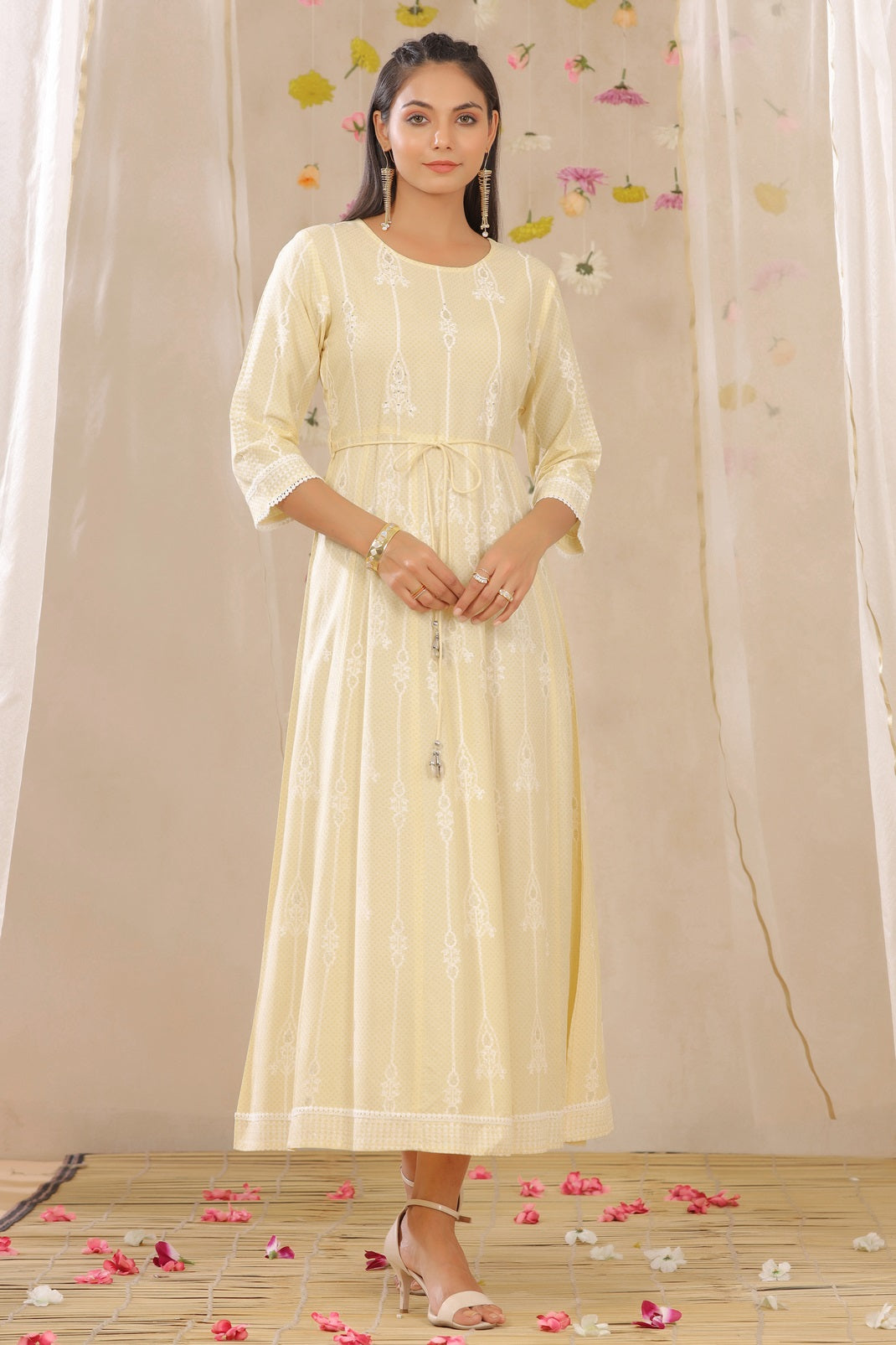 Yellow Rayon Printed Anarkali Dress with Tie-up Dori