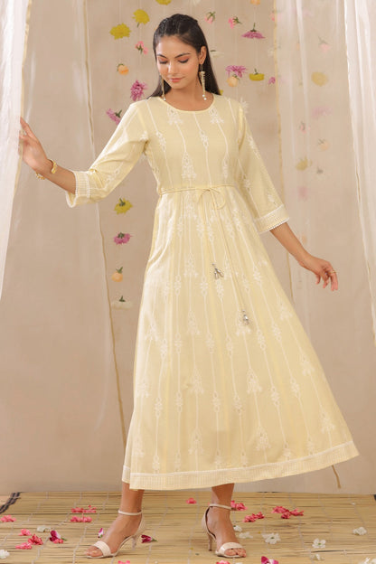 Yellow Rayon Printed Anarkali Dress with Tie-up Dori