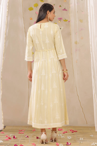 Yellow Rayon Printed Anarkali Dress with Tie-up Dori