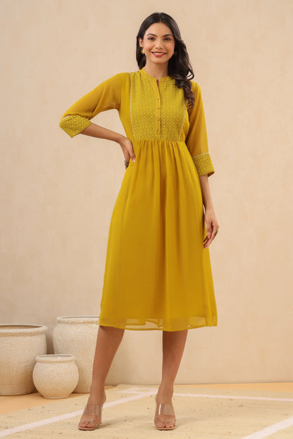 Women`s Mustard Georgette Embroidered A-Line Dress