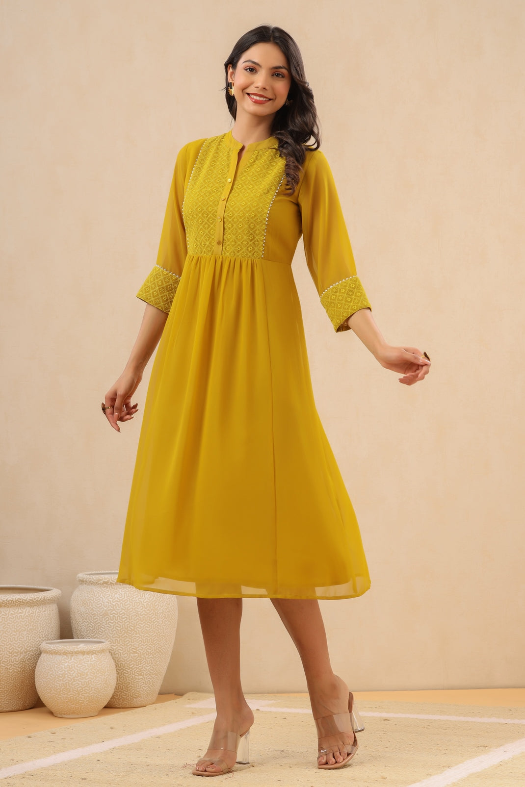 Women`s Mustard Georgette Embroidered A-Line Dress