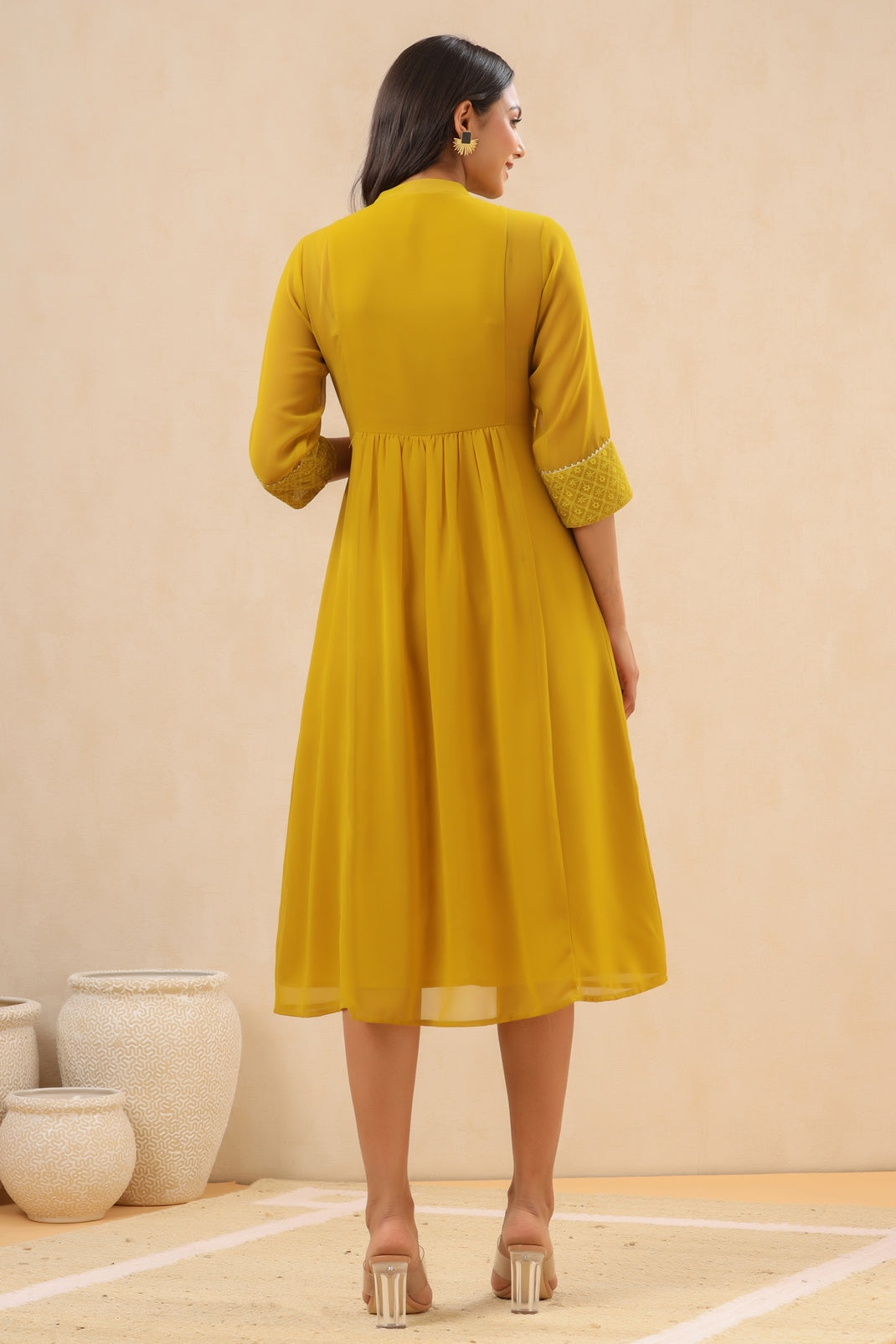 Women`s Mustard Georgette Embroidered A-Line Dress