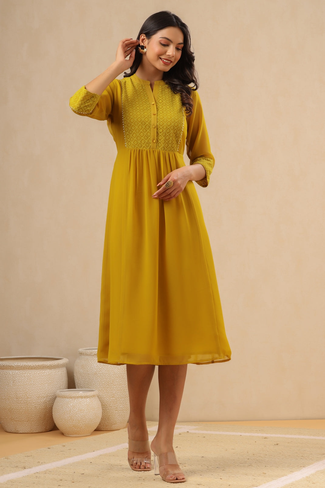 Women`s Mustard Georgette Embroidered A-Line Dress