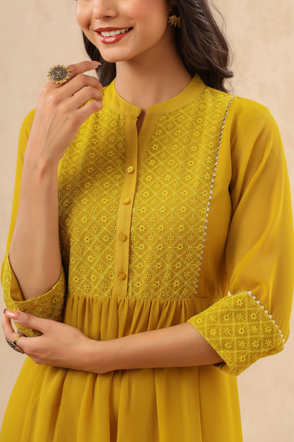 Women`s Mustard Georgette Embroidered A-Line Dress