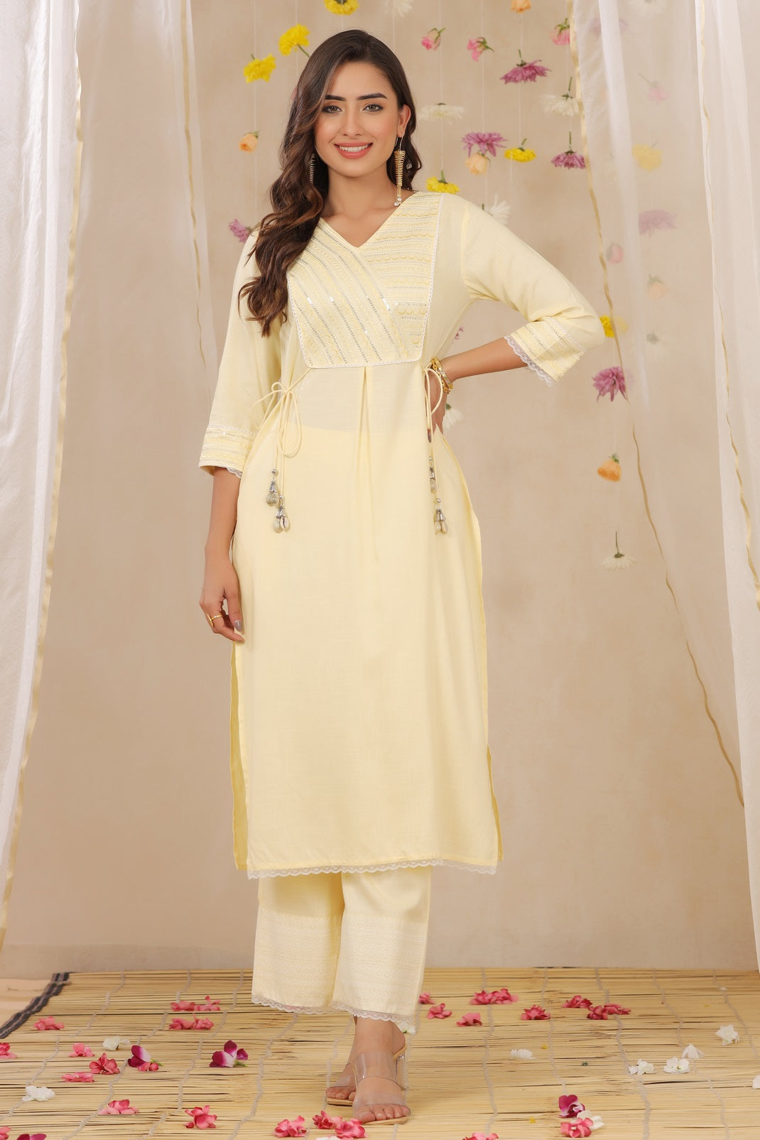 Yellow Rayon Slub Embroidered A-Line Kurta Palazzo Set