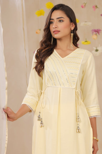 Yellow Rayon Slub Embroidered A-Line Kurta Palazzo Set