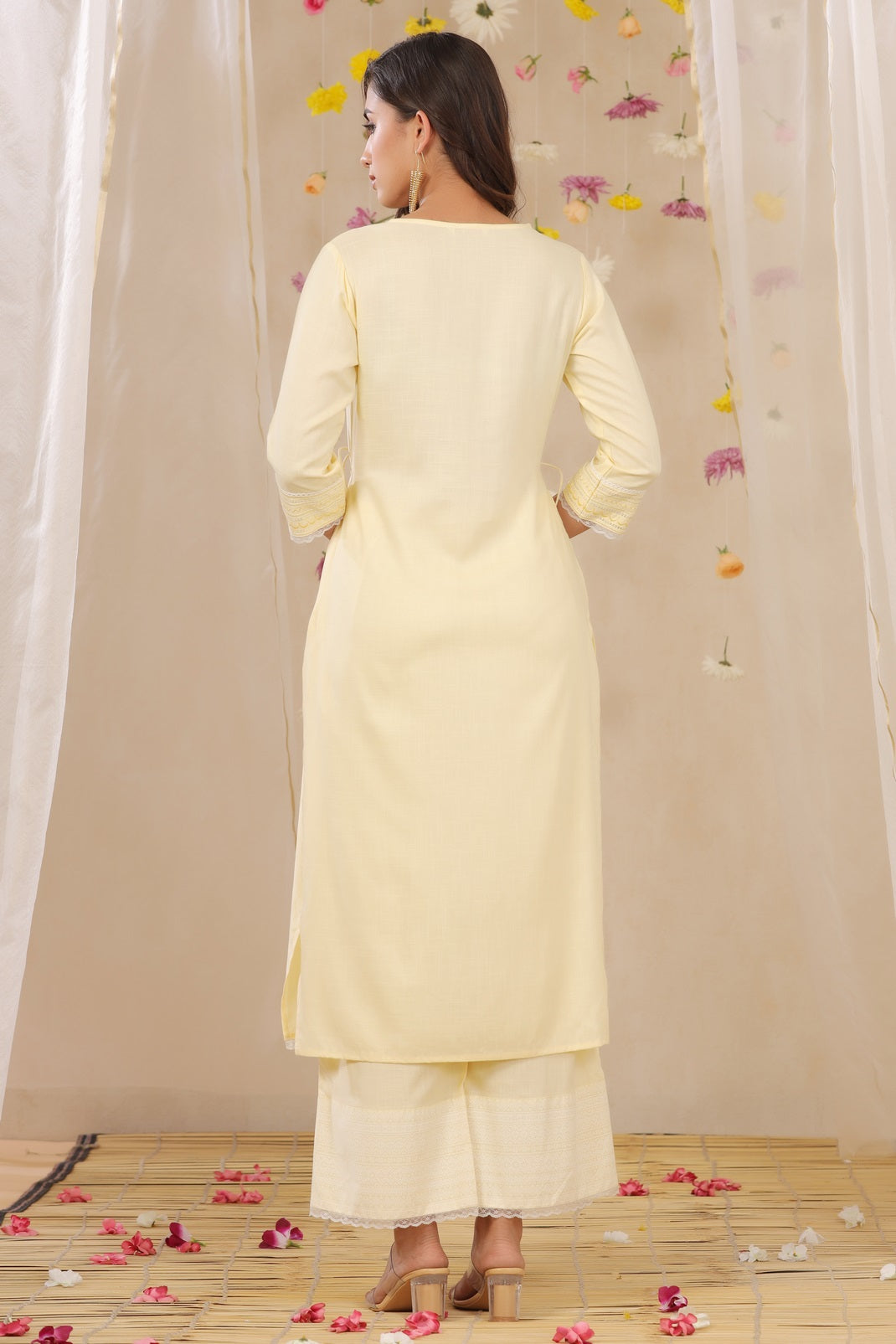 Yellow Rayon Slub Embroidered A-Line Kurta Palazzo Set