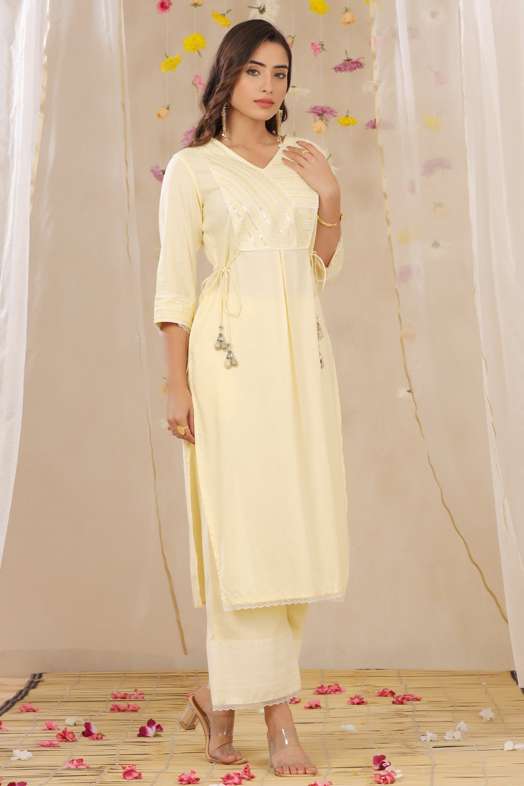 Yellow Rayon Slub Embroidered A-Line Kurta Palazzo Set