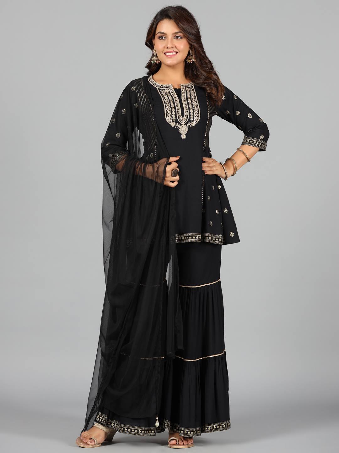 Black Rayon Printed Kurta, Sharara & Dupatta Set