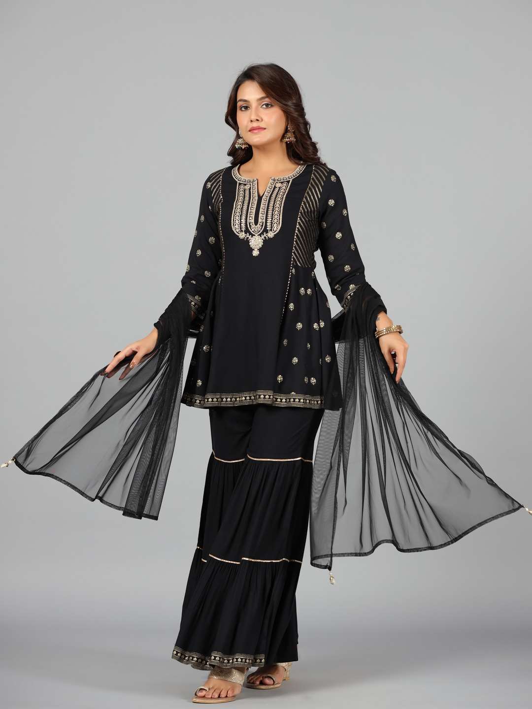 Black Rayon Printed Kurta, Sharara & Dupatta Set