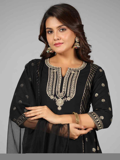 Black Rayon Printed Kurta, Sharara & Dupatta Set