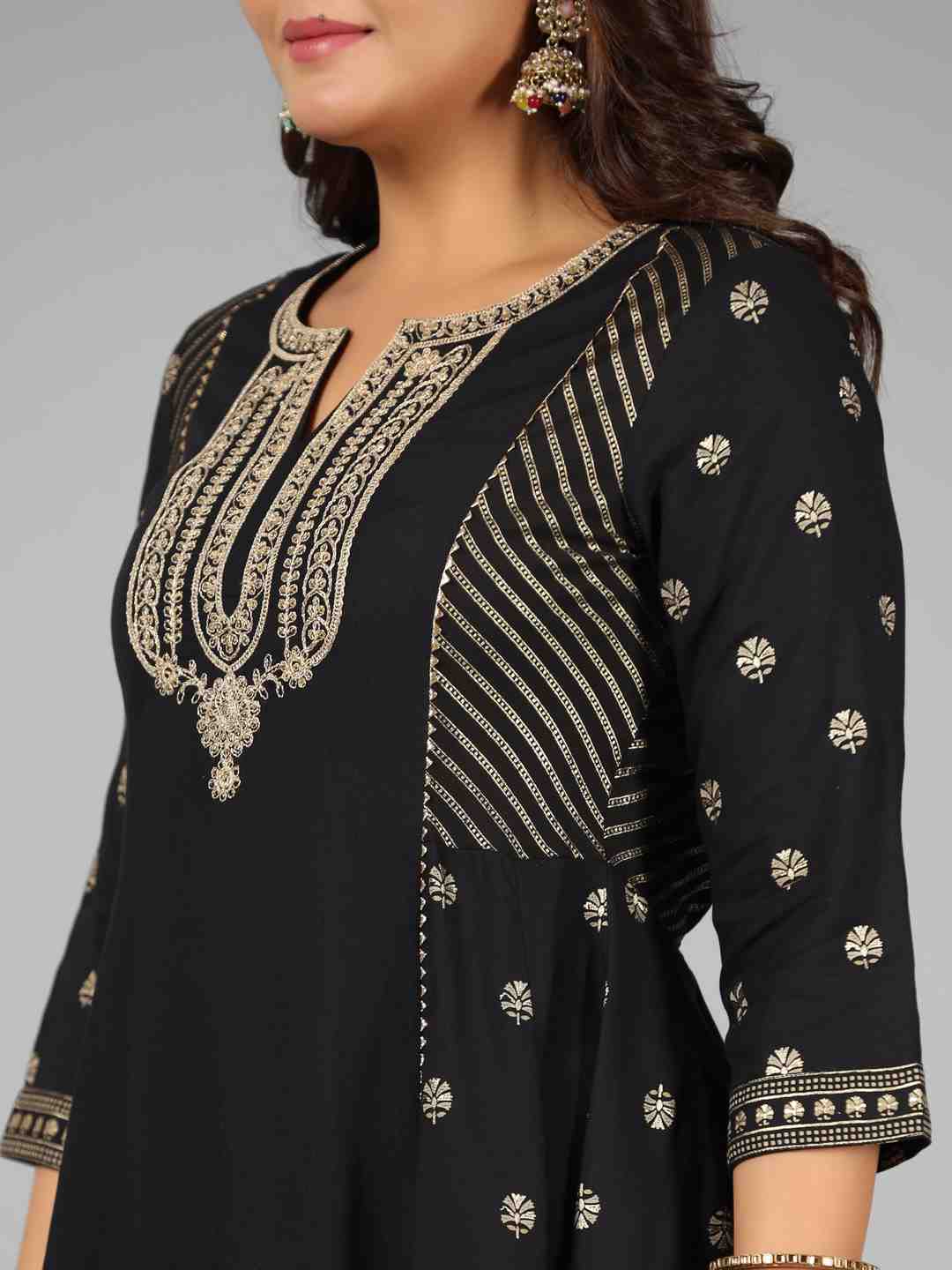 Black Rayon Printed Kurta, Sharara & Dupatta Set