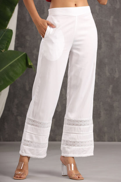 White Rayon Solid Flared Palazzo with Lacework