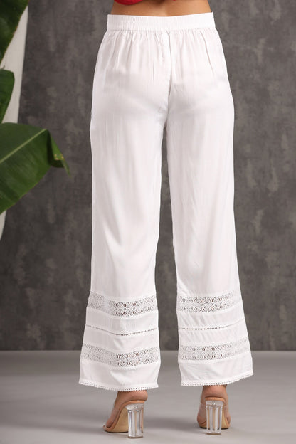 White Rayon Solid Flared Palazzo with Lacework