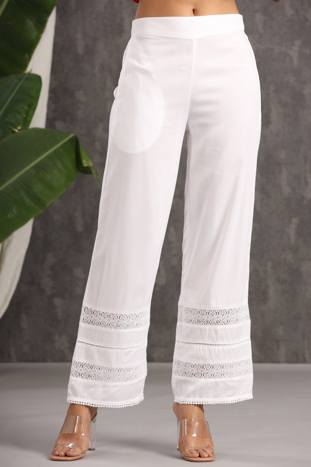 White Rayon Solid Flared Palazzo with Lacework