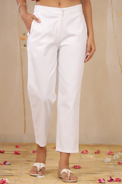 White Cotton Twill Solid Straight Pants