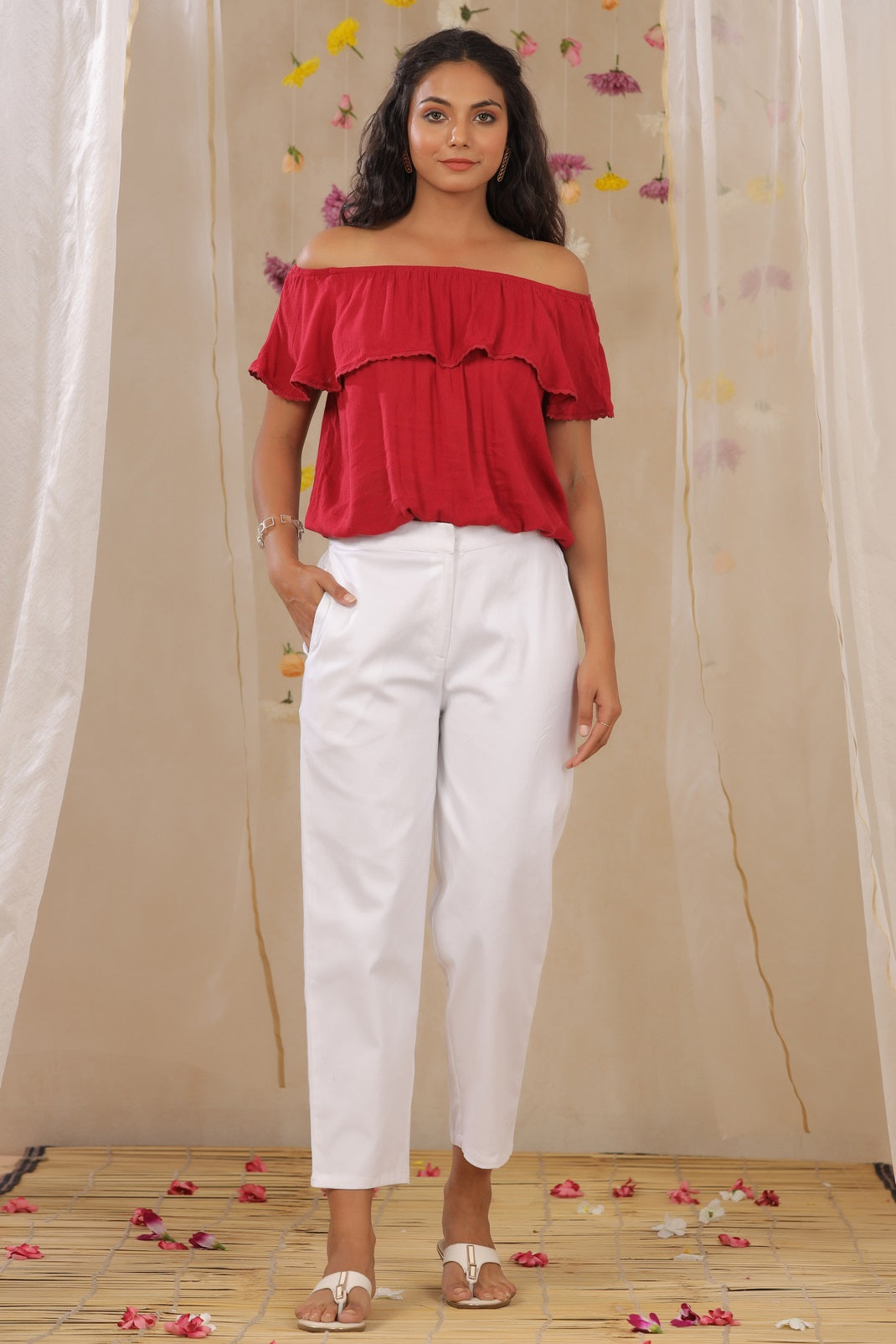 White Cotton Twill Solid Straight Pants