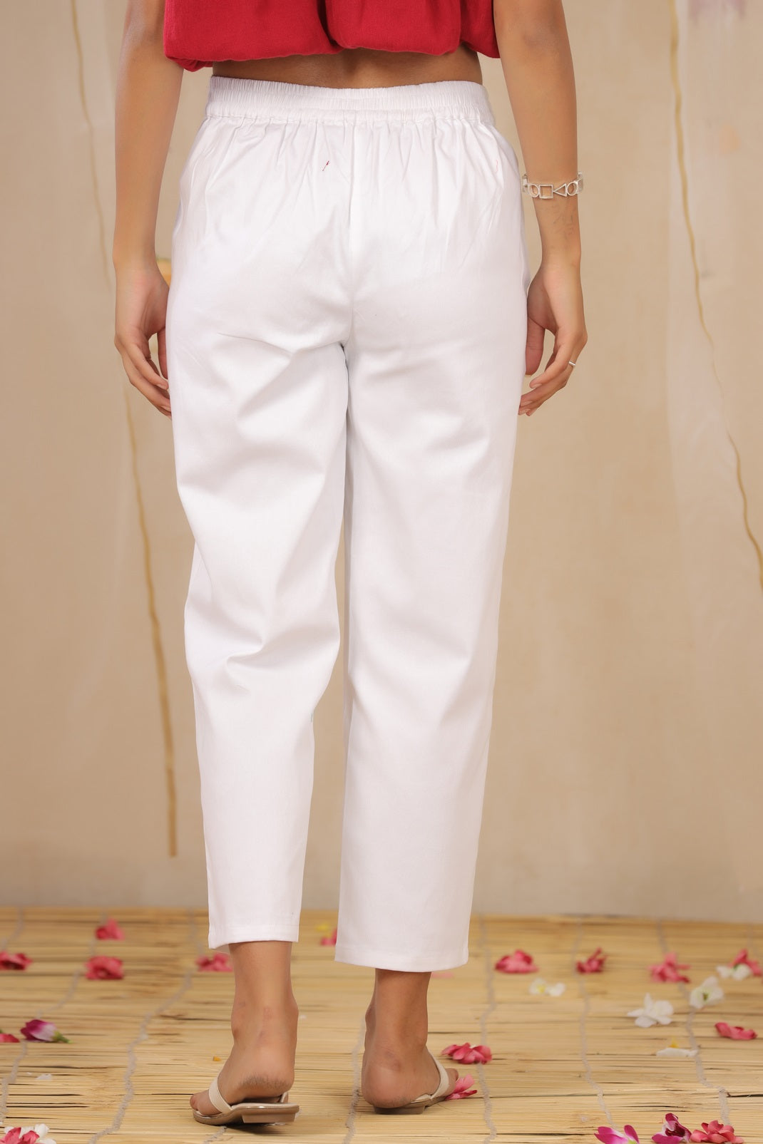 White Cotton Twill Solid Straight Pants