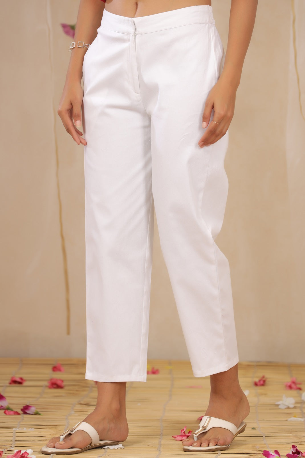 White Cotton Twill Solid Straight Pants