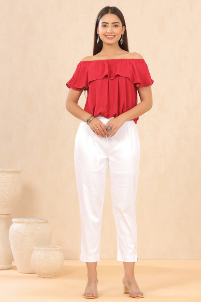 White Cotton Satin Solid Straight Pants