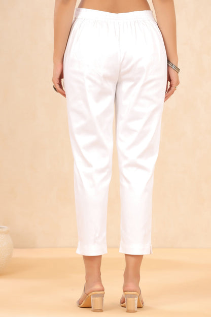 White Cotton Satin Solid Straight Pants