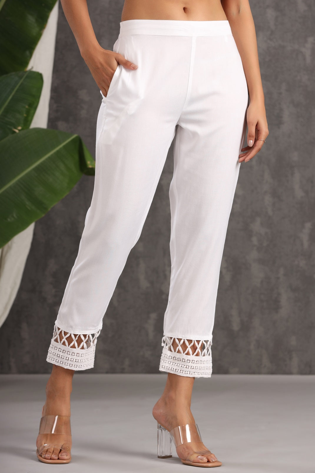 White Rayon Solid Straight Pants