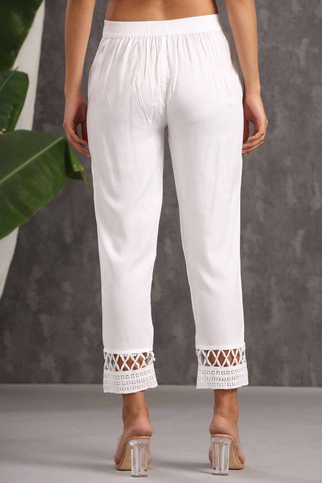 White Rayon Solid Straight Pants