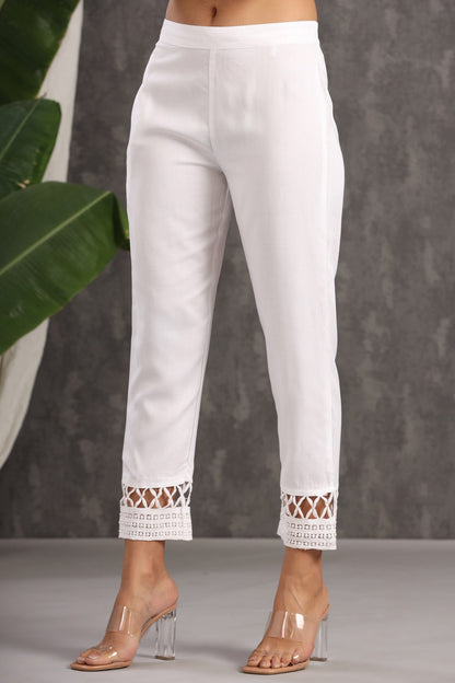 White Rayon Solid Straight Pants