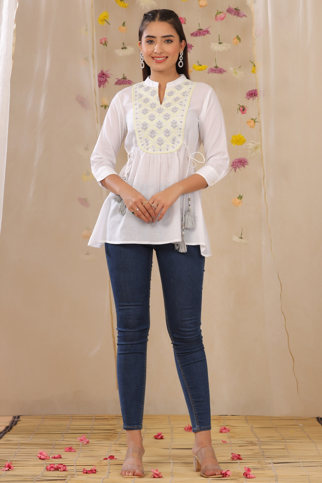 White Cotton Moss Embroidered A-Line Tunic