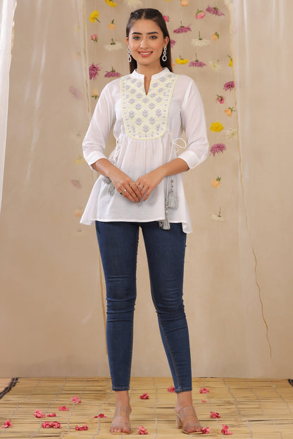 White Cotton Moss Embroidered A-Line Tunic