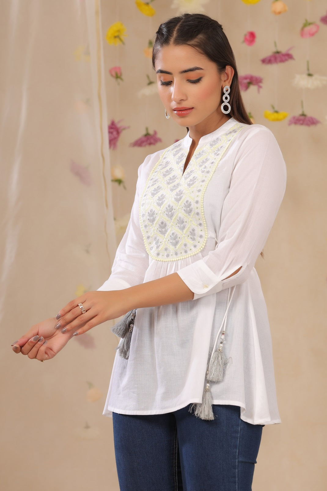 White Cotton Moss Embroidered A-Line Tunic