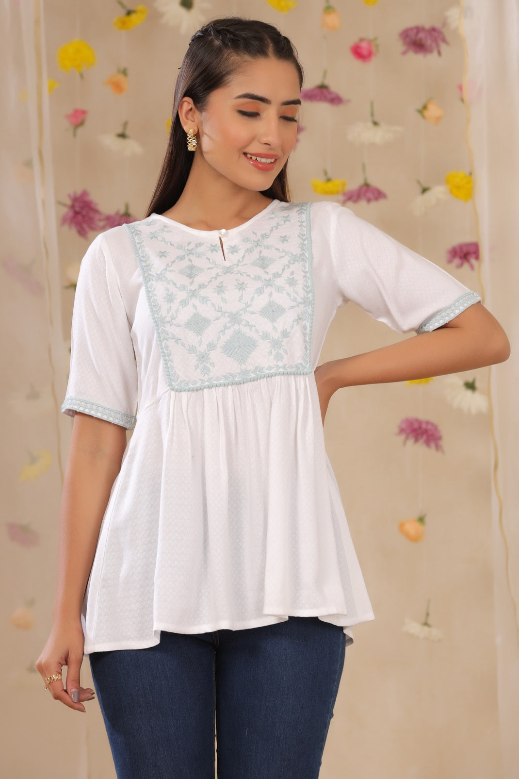 White Rayon Dobby Embroidered A-Line Tunic