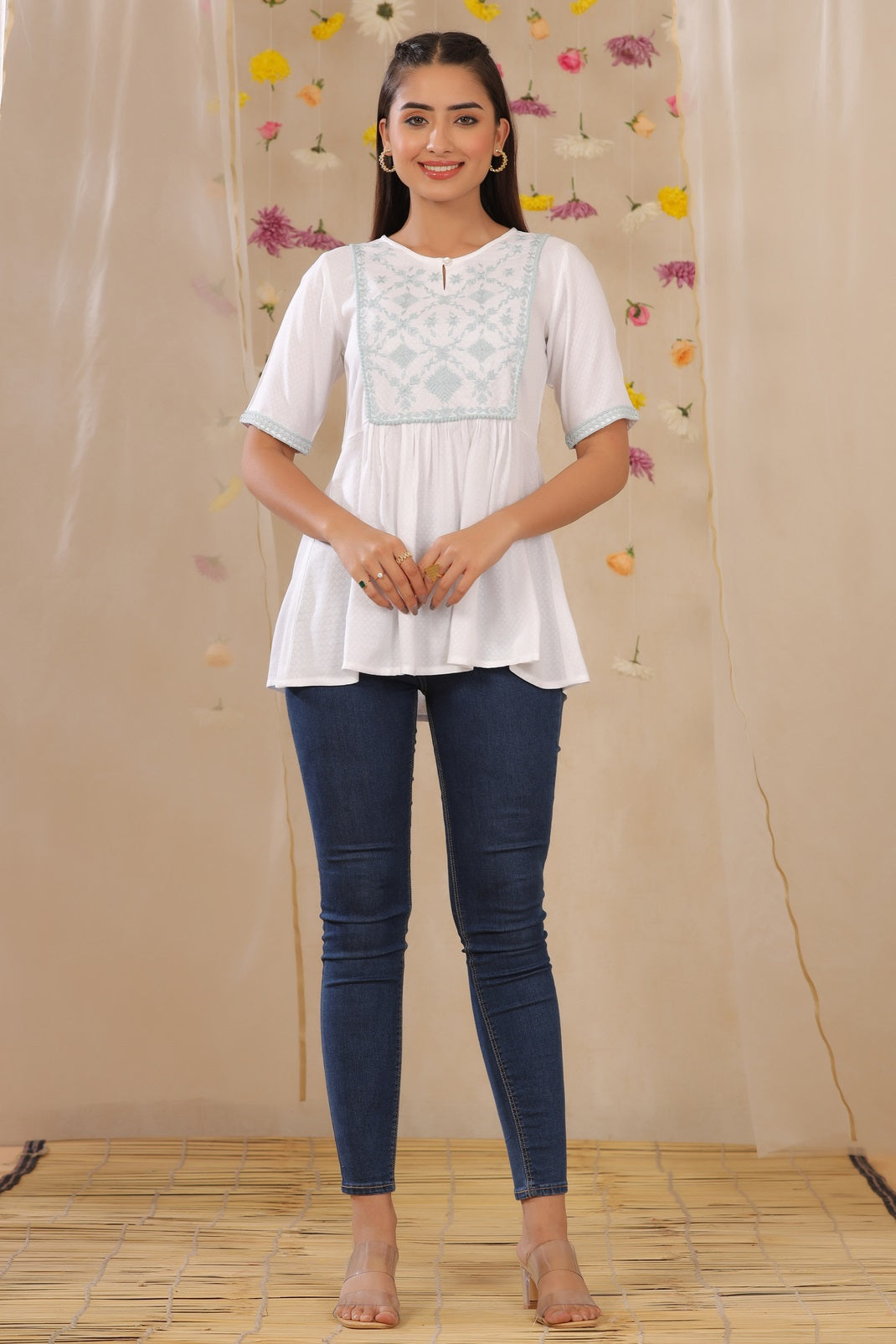 White Rayon Dobby Embroidered A-Line Tunic