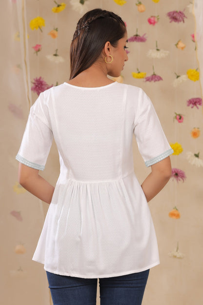 White Rayon Dobby Embroidered A-Line Tunic