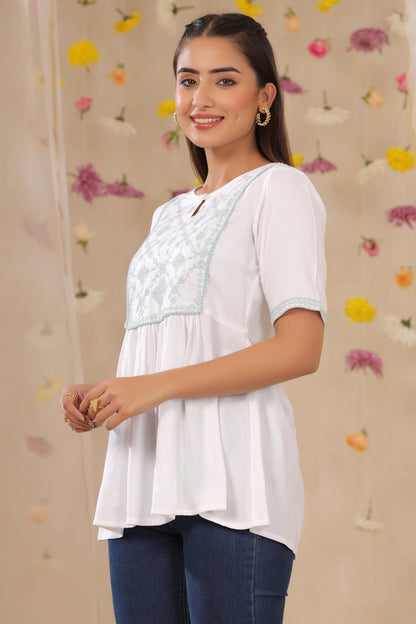 White Rayon Dobby Embroidered A-Line Tunic