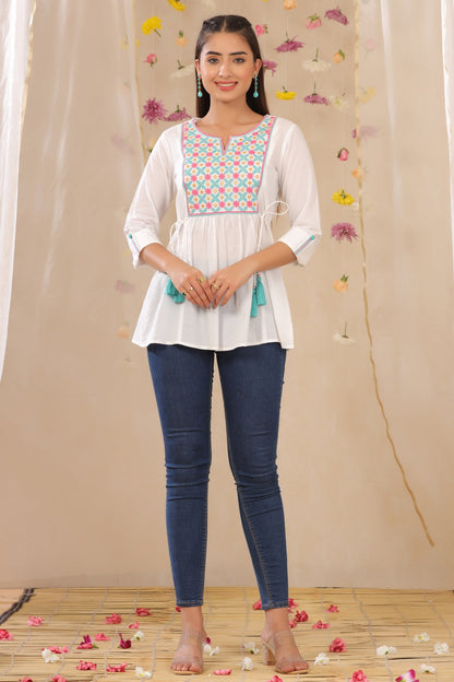 White Cotton Dobby Embroidered A-Line Tunic