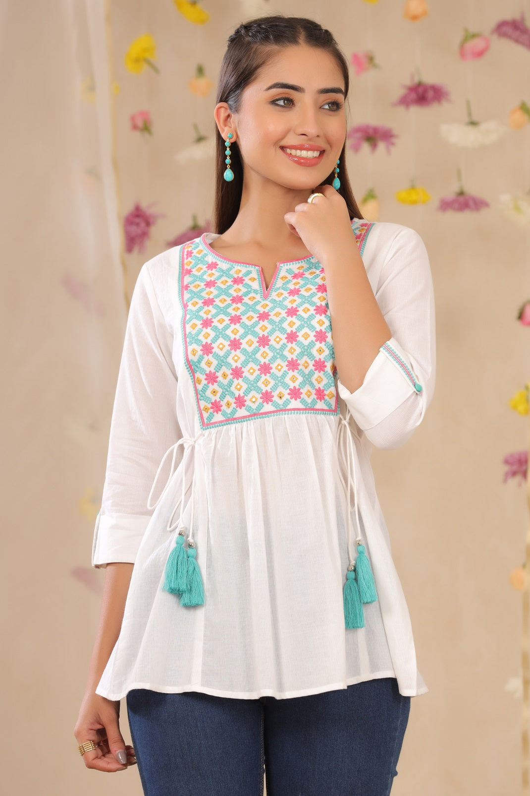 White Cotton Dobby Embroidered A-Line Tunic