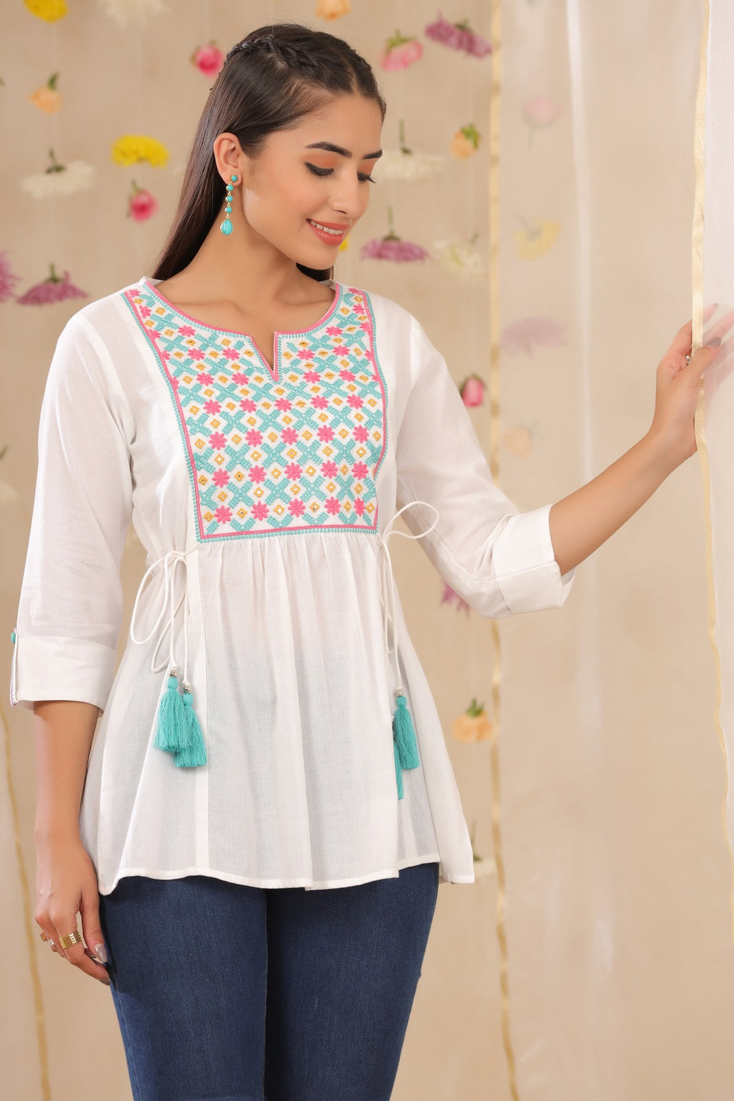 White Cotton Dobby Embroidered A-Line Tunic