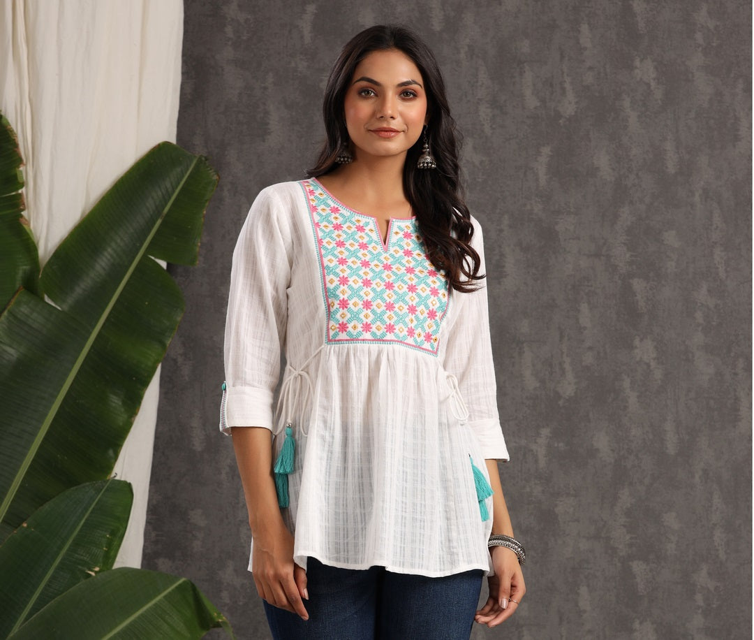 White Cotton Dobby Embroidered A-Line Tunic