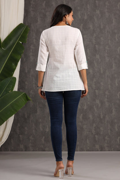 White Cotton Dobby Embroidered A-Line Tunic