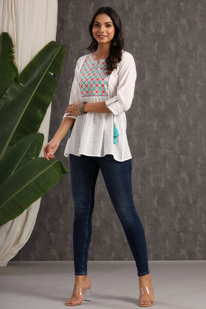 White Cotton Dobby Embroidered A-Line Tunic