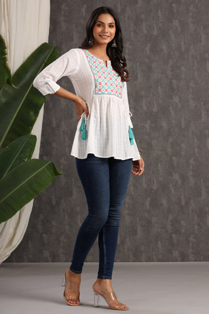 White Cotton Dobby Embroidered A-Line Tunic