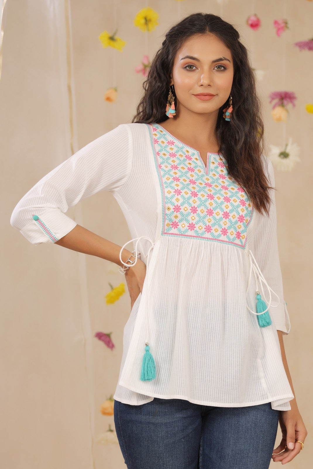 White Cotton Dobby Embroidered A-Line Tunic